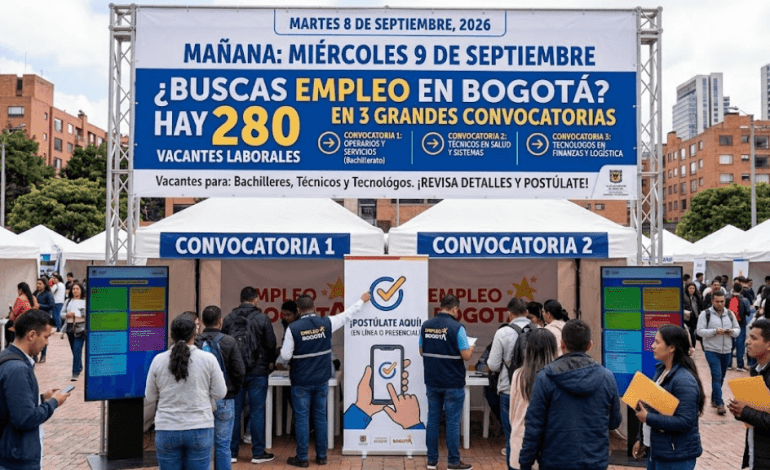Personas postulándose en una jornada de empleo en Bogotá con hojas de vida