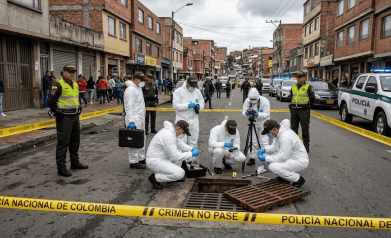 Investigadores judiciales acordonando una zona montanosa tras un hallazgo en una tuberia