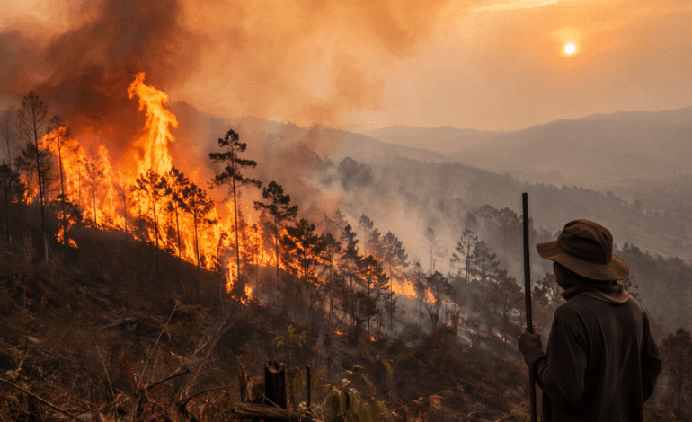 Helicoptero militar realizando descargas de agua sobre incendios forestales en la region central