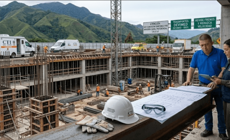 Operarios de la construccion con cascos y arneses de seguridad en una obra en Bogota