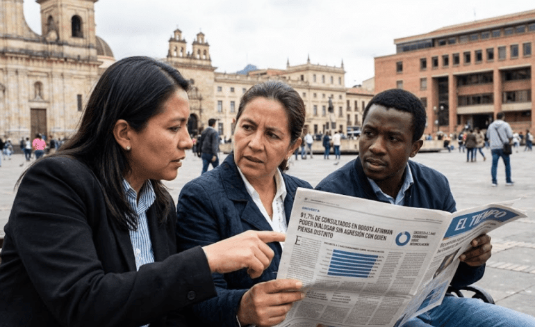 Ciudadanos caminando y conversando en una plaza publica de Bogota